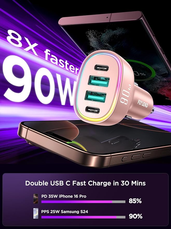 Car Charger USB C, 4 Port 90W Super Fast Charging for iPhone 17 Car Adapter, Dual PD 45W Type C & QC 3.0 USB A Multiport Car Cigarette Lighter Accessories for iPhone 16 15, iPad, Galaxy S26, Pink
