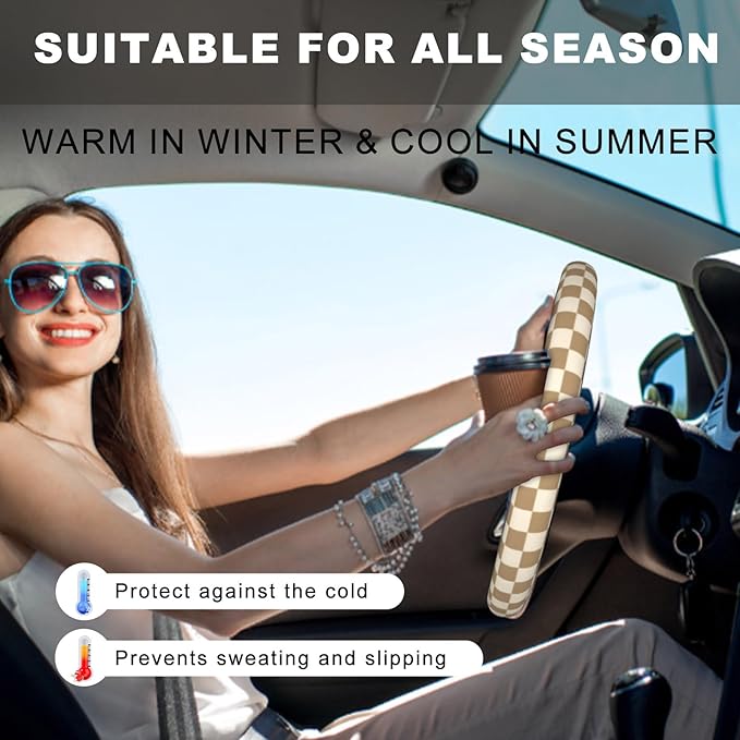 Brown Beige Checkered Steering Wheel Cover, Cute Anti-Slip Breathable Car Accessories Interior Elastic Steering Wheel Cover for Men Women Fit Auto, SUV Vans Truck Universal 14.5-15 Inch