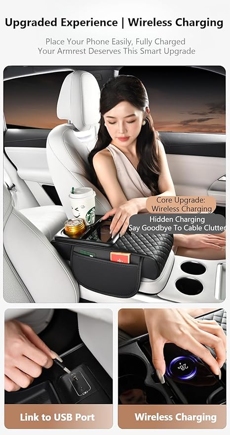 Car Armrest Pad with Built-in Induction Charging, Leather Center Console Cushion with 15W Power Pad, Dual Cup Holders, Storage Pockets - Grey