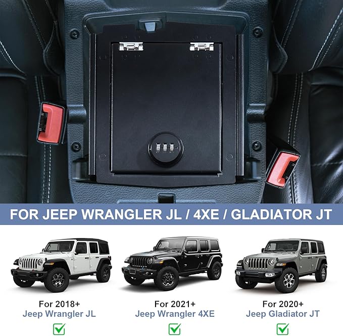 Center Console Lock Safe Box Compatible with Jeep Wrangler JL 4XE 2018-2025 for Gladiator JT Interior Accessories Armrest Vault Security Organizer Tray with 3 Digit Combo Password
