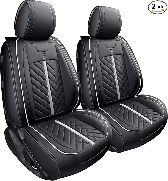 Tomatoman Tacoma Seat Covers Custom Fit for Tacoma 2005-2023 2024 2025 2026 Truck Access Crew Double Cab TRD Offroad Limited SR5 V6 Pickup Waterproof Faux Leather Car Cushions(2 PCS Front/Black-White)
