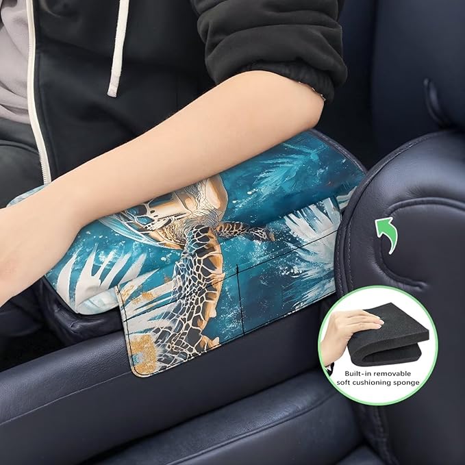 Center Console Armrest Cover for Car, Turtle Print Armrest Cushion Cover Pad with 4 Pockets, Car Accessories Fit for Sedan, Truck, SUV Soft Car Armrest Cover