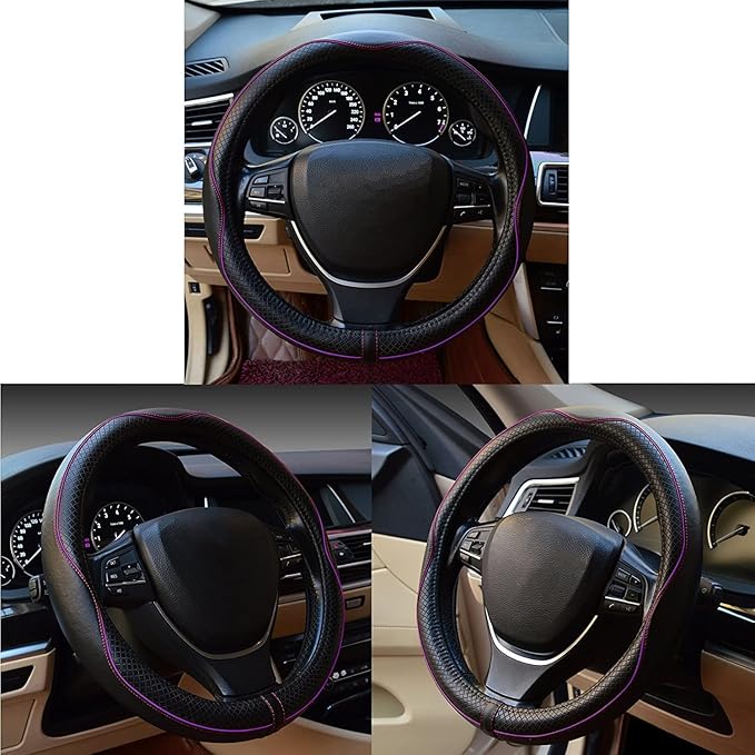 ESEWALAS Universal Car Steering Wheel Cover,Anti-Slip Leather Steering Wheel Cover,Sports Style Steering Wheel Protector,Car Interior Accessories Auto Steering Wheel Covers (Black with Purple)