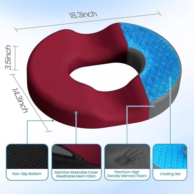Donut Pillow Seat Cushion - Cooling Gel Outdoor Chair Cushions, Memory Foam Seat Cushion for Office & Home, Car Seat and Patio Furniture Cushions, Hemorrhoids Pillow and Tailbone Pain Relief, Red