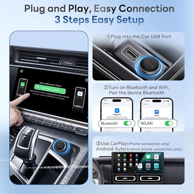 Carlinkit Wireless CarPlay Adapter & Android Auto Mini Ultra3, 2-in-1 Mini USB Design with OEM Car Models, Plug and Play/Low Latency Portable/Auto Connect, Compatible with iOS 10+ & Android 11+