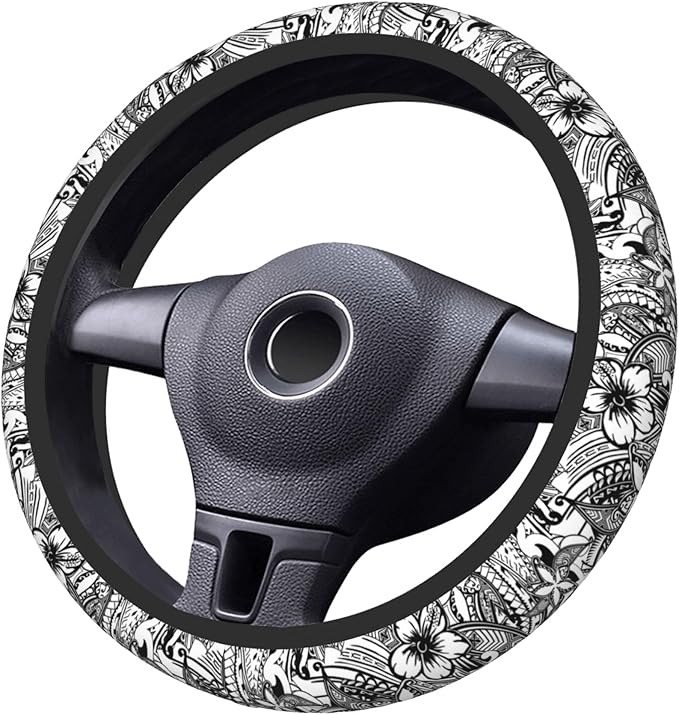 Hawaiian Polynesian Tribal Tatoo Car Steering Wheel Cover for Women Men 14-15 Inch Stretch Cloth Anti-Slip Wrap Protector Case Fit Universal Auto Accessories Decor Sweat Absorption