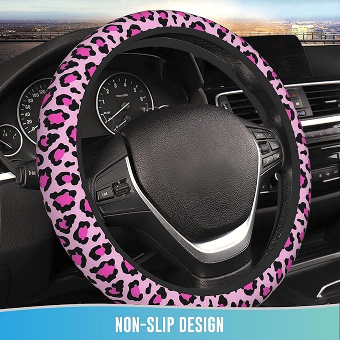 Elastic Steering Wheel Cover Car Accessories Cute Universal 15 Inch Absorbing Sweat Non-Slip Breathable for Woman - Pink Leopard Printed