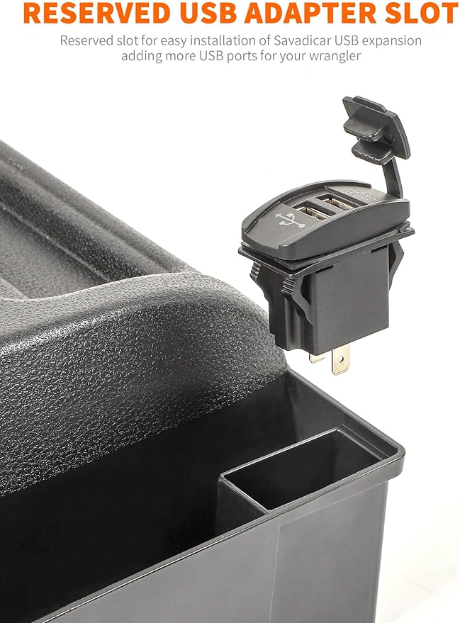Savadicar GT-3 JK Shifter Storage Box, Gear Shift Console Side Tray Organizer for 2011-2018 Jeep Wrangler JK JKU, Interior Accessories, Reserved USB Charger Extender Slot, Black