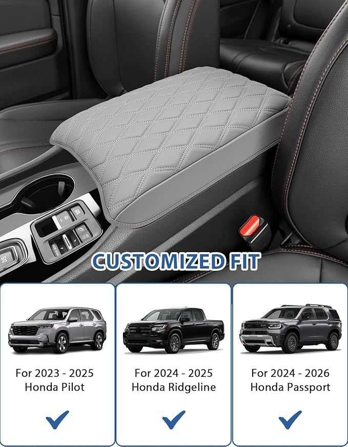 Center Console Cover for Honda Passport 2024-2026, Pilot 2023-2025, Ridgeline 2024 2025, Auto Armrest Lid Cushion Console Protector with Storage Pocket, Vinyl Leather, Gray