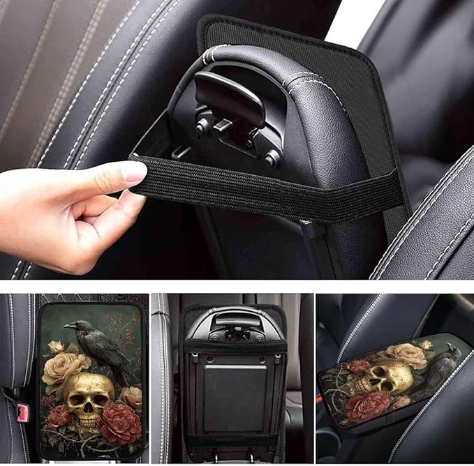 Skull Crow Print Center Console Pad Peony Print Armrest Cushion Cover for Cars Dust-Proof Decorative Armrest Seat Box Cover for Auto Interior