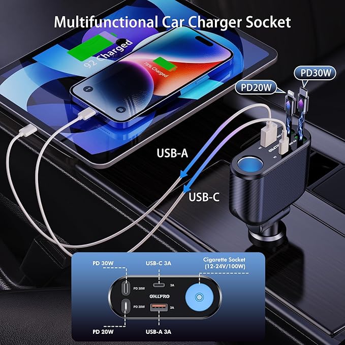 OHLPRO Retractable Car Charger Cigarette Lighter Adapter, 168W 5 in 1 Fast Phone Charging Built-in Replaceable Fuse, Socket Splitter with USB C and USB i Cord, Fit for Phone iPad Galaxy GPS, Black