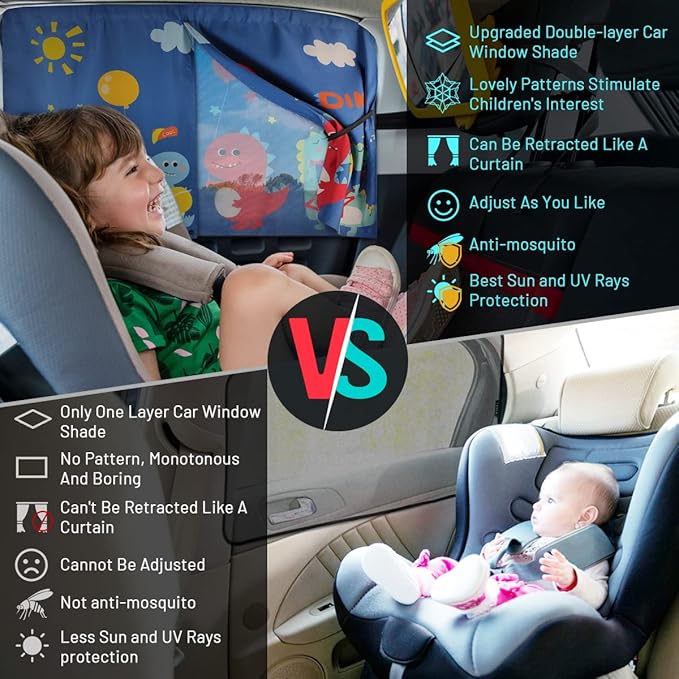 Car Window Shades, 2 PCS Magnetic Double Layer Sun Shade, Side Windows Privacy, Full Covers/Half Shade Options, Cute Dinosaurs, Compatible with Car, SUV, Minivan