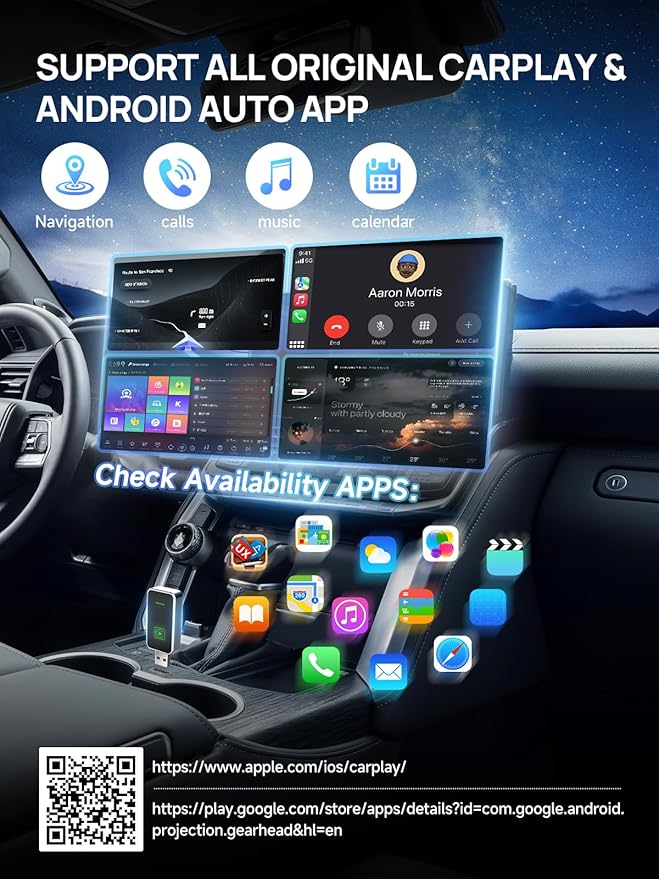 Moman Wireless CarPlay Adapter, Plug & Play Car Play in-Dash Converter for iOS 10+ & Android Auto with USB-A/USB-C Convert Wired to Wireless for 800+ Cars (2016+)