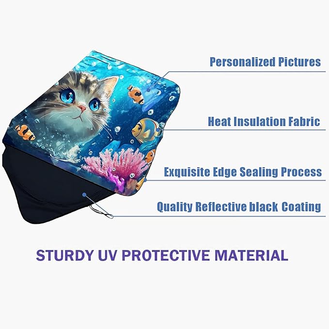 Cat and Fish Car Windshield Sun Shade Foldable Sunshade Front Window Cover Sun Visor Protector Accessories (59x27.5 inches)