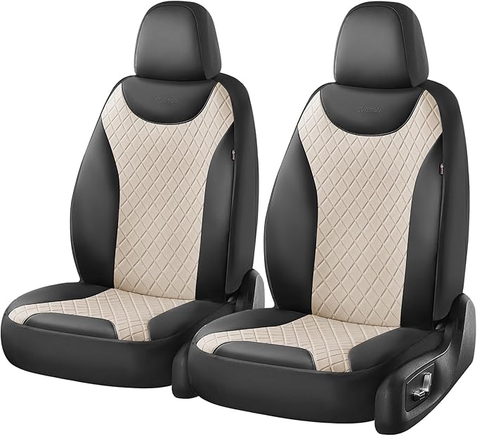 Coverado Front Seat Covers, 2 Seats Universal Seat Covers for Cars, Leather & Fabric Splicing Design Car Seat Protectors, Waterproof Car Seat Cushions Universal Fit for Vehicles, Black & Beige