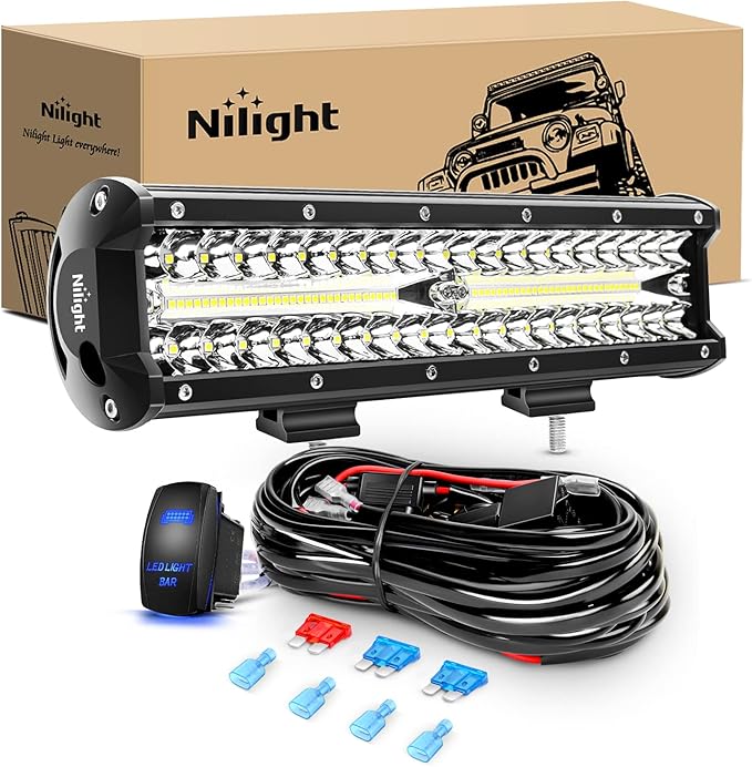 Nilight 12Inch 300W Triple Row Flood Spot Combo 30000LM Driving Boat Led Off Road Lights 16AWG Wiring Harness Kit-One Lead for Truck,2 Years Warranty
