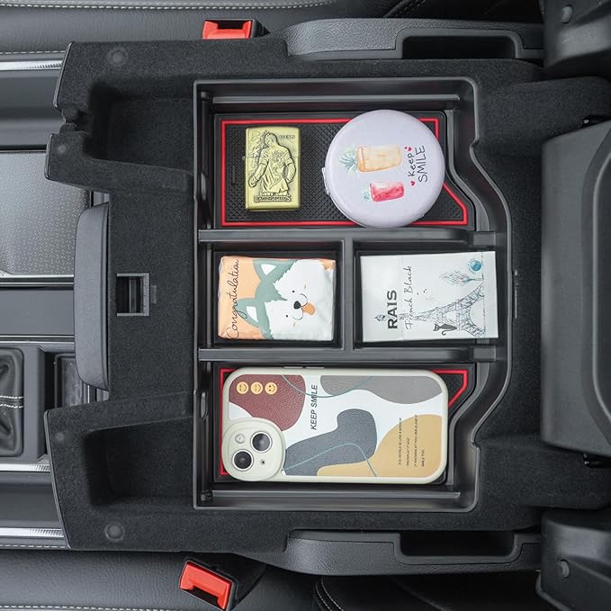 PIMCAR Compatible with 2019-2026 Dodge RAM 1500 2500 3500 Center Console Organizer ABS Plastic Material Interior Accessories Armrest Box Insert Tray (Red Trim)