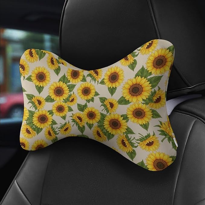 Car Headrest Pillow Compatible with Yellow Sunflowers, Cartoon Neck Pillow for Car, 2 Pcs Comfortable Soft Car Seat Pillow for Driving,Head Rest Cushion, Cute Neck Pillow for Travel