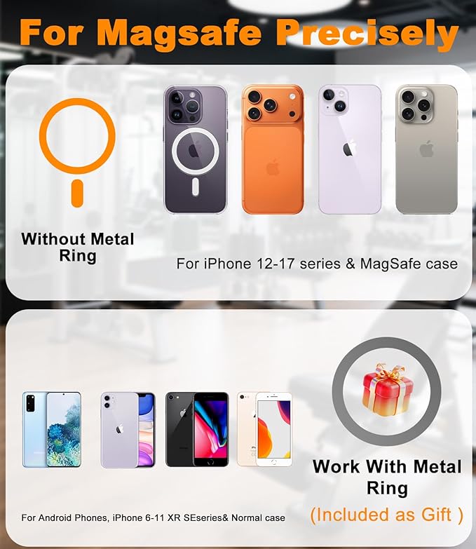 Magnetic Gym Phone Mount for MagSafe – Dual Magnet Stand for iPhone 12-17 / Android, Alloy Base & Ball Joint, Attach to Metal Surfaces for Gym/Golf Cart/Car, Portable Gym Accessories for Men & Women