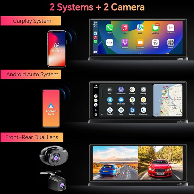 K2 PRO 11.3'' Wireless CarPlay Screen 4K Dash Cam Portable Android Auto Car Stereo Video Recording, Car Audio Receivers 1080P Backup Camera, Bt/GPS Navigation/AirPlay/Siri