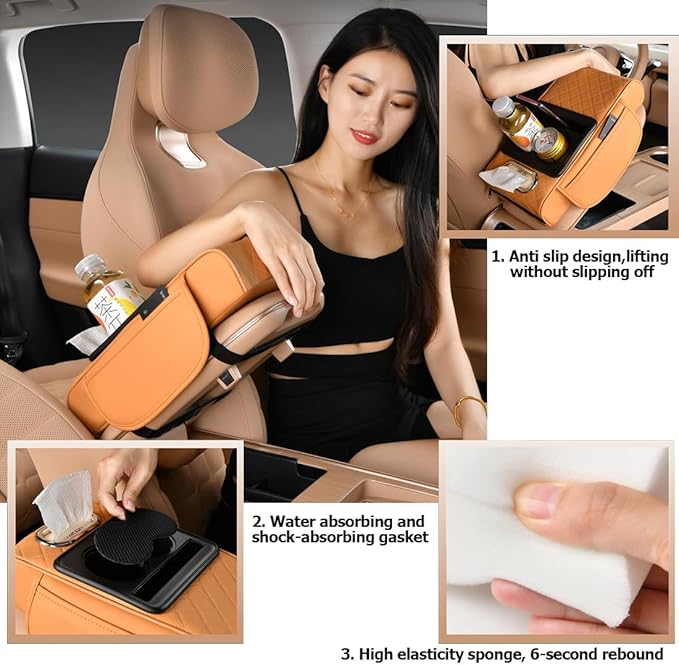 Car Armrest Cushion,5-in-1 Center Console Cover with 2 Storage Bags Cup Holder, Tissue Box Slot, Phone Slot for Sedans, Car Accessories Interior Organizers (Orange)