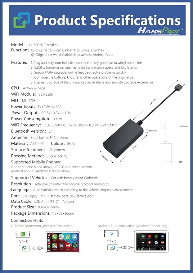 NCP0036 CarKit CarBitLink x Baic Jetour Geely Chery Jac Gac Dongfeng Forthing Hongqi Changan, Wired Carbitlink Smartlink Phonelink Easy Connect to Wireless CarPlay Android Auto Adapter