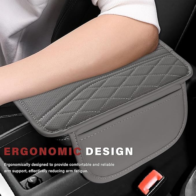 Car Center Console Cover, Leather Auto Armrest Cushion Pad with Two Storage Pockets, Waterproof Arm Rest Box Mat Protective Cover for Sedan SUV Truck, Car Accessories (Gray)