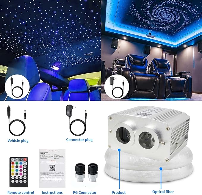 AZIMOM Dual Port 16W Twinkle Bluetooth Fiber Optic Lights Star Ceiling Light Kit 600pcs0.03in9.8ft Fibers Strands Sound Activated RGBW APP/Remote Light Engine for Car Home Starlight Headliner Decor