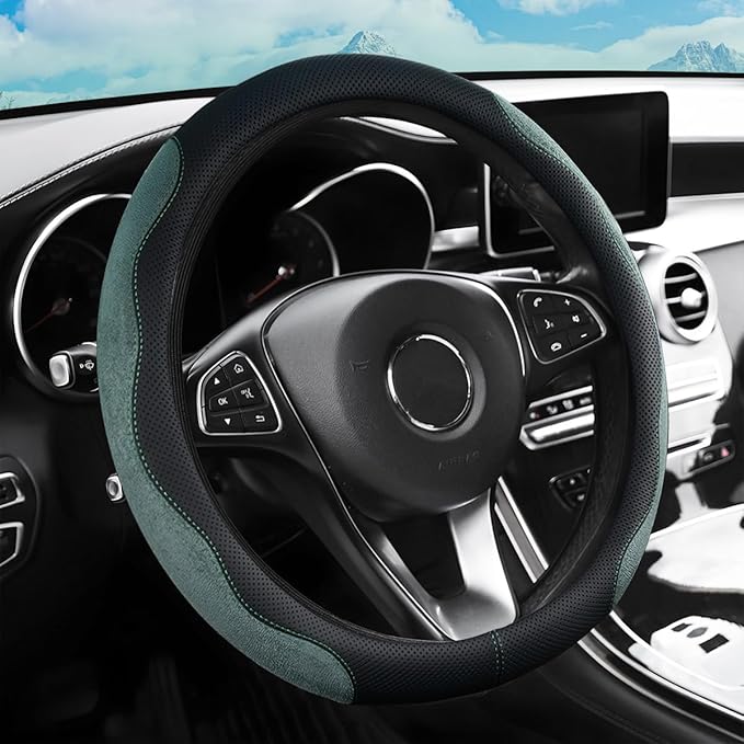 zipelo 14.5"-15" Car Steering Wheel Cover, Auto Interior Wheel Protector with Durable Soft Breathable Anti-Slip Linging Leather, Universal for Vehicles Trucks SUVs Accessories for Men Women (Green)