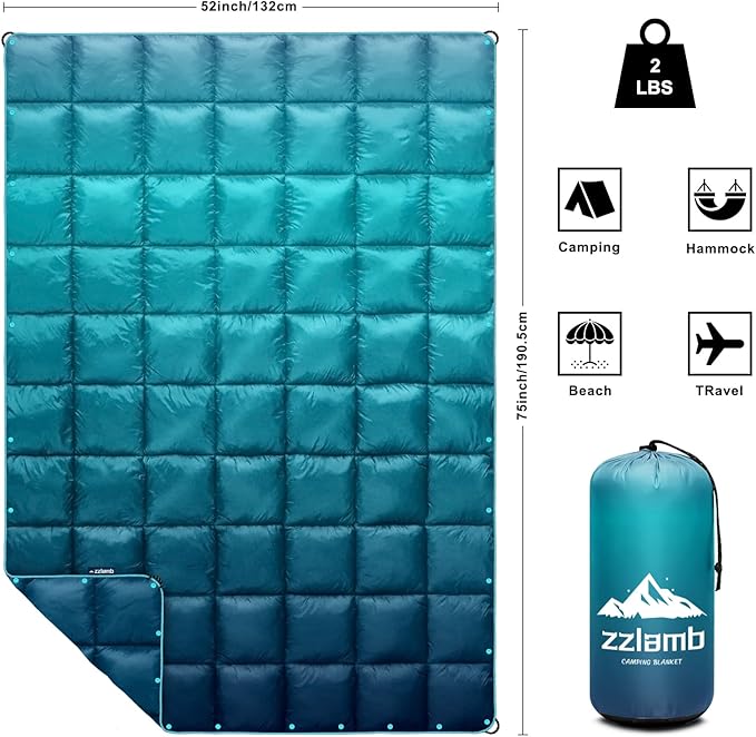 zzlamb Camping Blanket for Cold Weather,Outdoor Puffy Blanket Portable Down Alternative,Windproof Warm Cloak with Snaps,Cozy Quilt Backpacking Picnic RV Travel Plane Car Hammock Beach Climbing