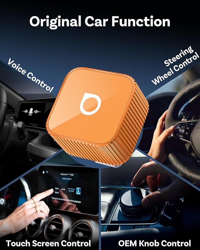 OTTOCAST Mini Cube 3.0 Wireless Carplay Adapter for Apple iPhone, 2-in-1 Car Play Android Auto Adapter, Convert Wired CarPlay to Wireless, Low Latency (Orange, USB C)