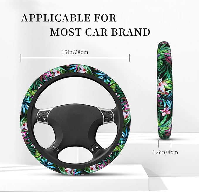 Tropical Car Steering Wheel Cover for Women Frangipani Hibiscus Palms 14-15 Inch Stretch Cloth Anti-Slip Wrap Protector Case Fit Universal Auto Accessories Decor Sweat Absorption (No Tools Needed)
