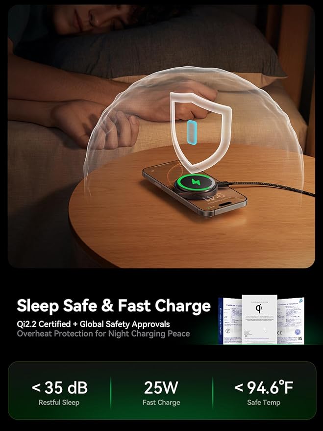THREEKEY for MagSafe Charger, Qi2 25W Fast Charging Pad with Cooling Fan, Magnetic Wireless Charger with 6.6ft Cable for iPhone 17/16/15 Series (Adapter Not Included)