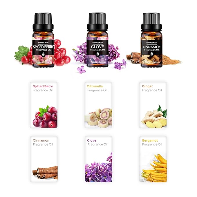 Lagunamoon Fall Essential Oils Set - Spice Fragrance Oils Autumn Gift Set for Diffusers, Home Care, Candle Making Scents, Aromatherapy - Cinnamon, Clove, Citronella, Ginger and Spiced Berries (10mL)