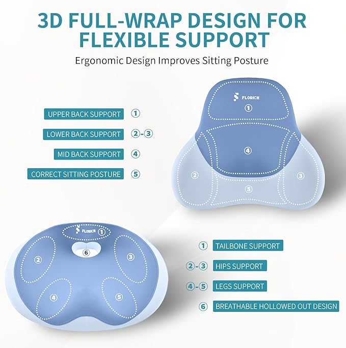 FLORICH Seat Cushion and Lumbar Support Pillow for Office Chair Car Neck Headrest Pillow 100% Memory Foam Seat Pads Pressure Relief Back Cushion and Carseat Pads(Blue)