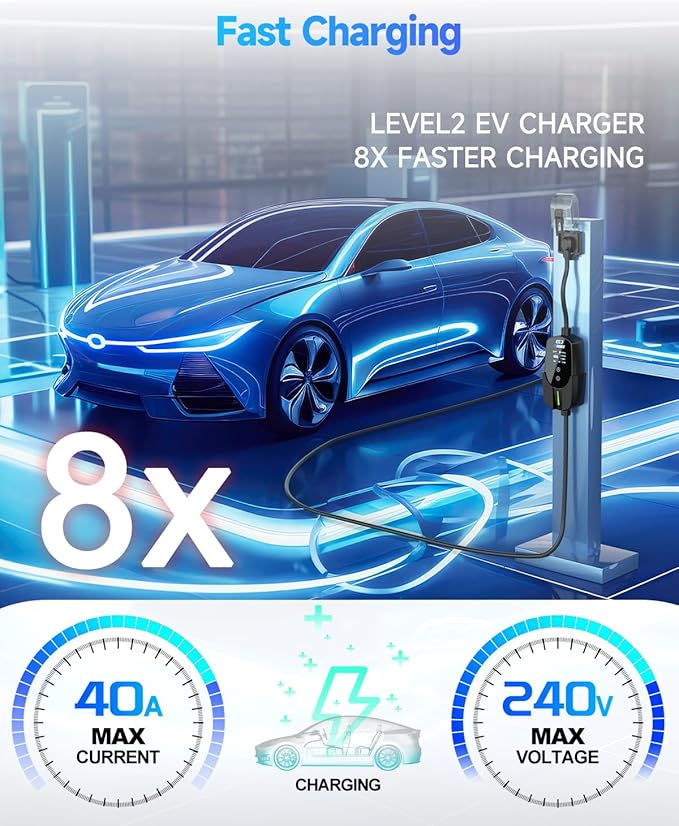 EVDANCE Level 2 EV Charger for Tesla, 40A / 9.6kW Fast Home EV Charging Station with NEMA 14-50 Plug, 25FT Cable, Adjustable Current & Delay Timer, Compatible with All Tesla Model 3/Y/S/X (NACS Plug)