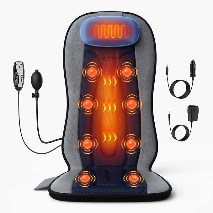 Vibration Back Massager with Heat for Chair, Massage Pad with Neck Support, Short Plush Cover, Seat Cushion for Seniors, Office Workers & Family,Fatigue & Pain Relief in Office,Home & Travel