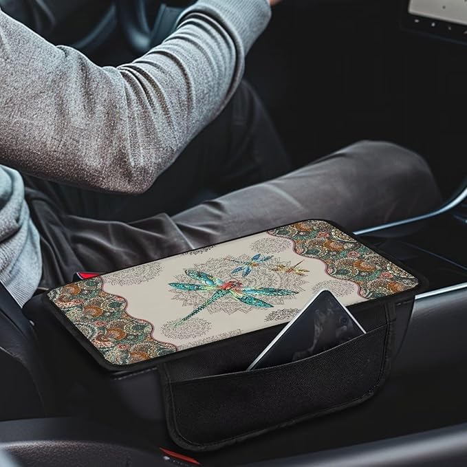 Dragonfly and Boho Mandala Print Car Center Console Cover Wear-Resistan Car Armrest Cover Cushion Lightweight Car Armrest Seat Box Cover Cushion Car Decoration Accessories