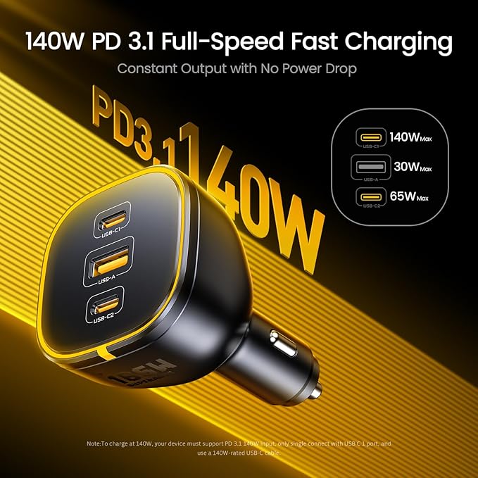 AOHI 165W Laptop Car Charger Adapter 140W PD 3.1/ 100W PD 3.0 USB C Super Fast Charging PPS 45W 3-Ports QC5.0 Car Lighter Charger for MacBook Pro, iPhone 16/15, Galaxy S24 Ultra, iPad, Black