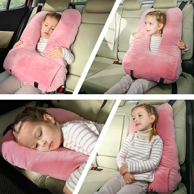 Travel Pillow, Car Pillow for Kids & Adults, Kid Travel Sleeping Pillows for Neck & Body Support, Car Travel Essentials Pillow on Road Trips, Pink