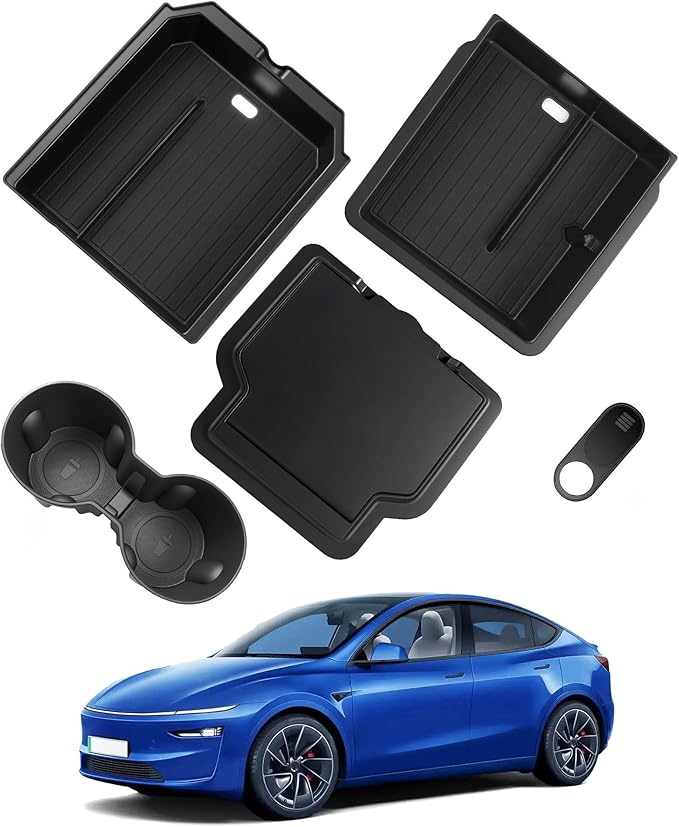 WinDu 2026 Model Y Juniper Accessories 5PCS NEW Center Console Organizer Tray for Tesla 2025-2026 Model Y Juniper Storage Tray [Silent Lining,Smooth Sliding] Armrest Hidden Box Cup Holder Camera Cover