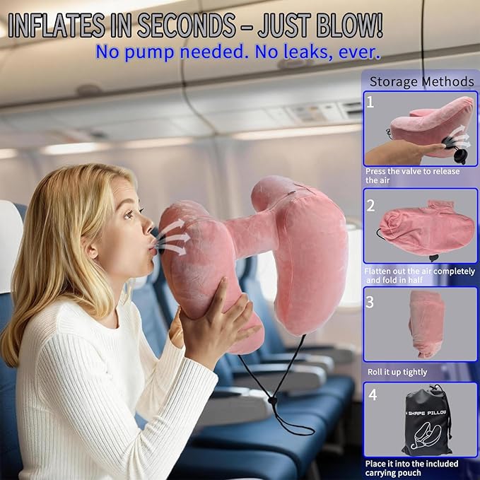 H-Shaped Travel Pillow with Snap-On Hood – Ergonomic Neck Support with Plush Velvet Cover, Instant Inflation & Compact Bag – for Airplane, Car, Office & Long Trips (Red)
