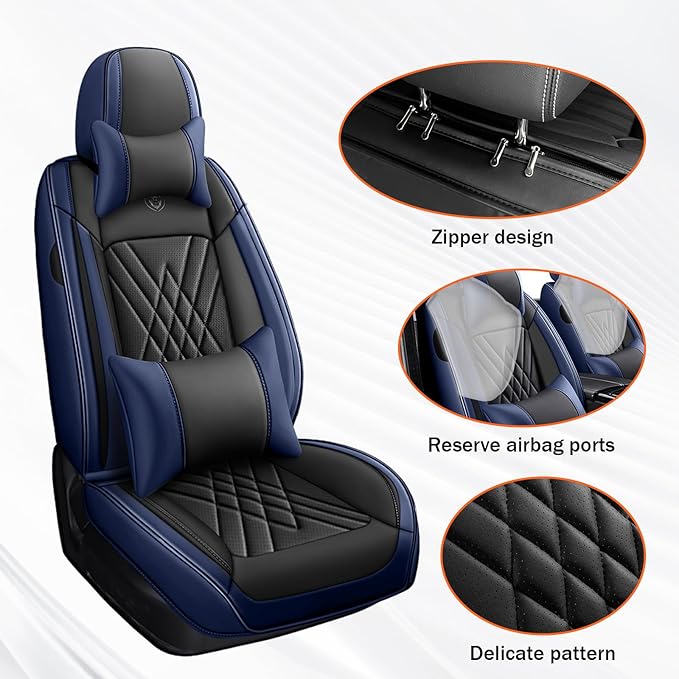 Car Seat Covers Compatible with Toyota Camry 2012-2026 Durable Waterproof Automotive Seat Covers Stretchable Fabric Material,Airbag Compatibility,Premium Nappa Leather(Black Blue,Full Set with Pillow)