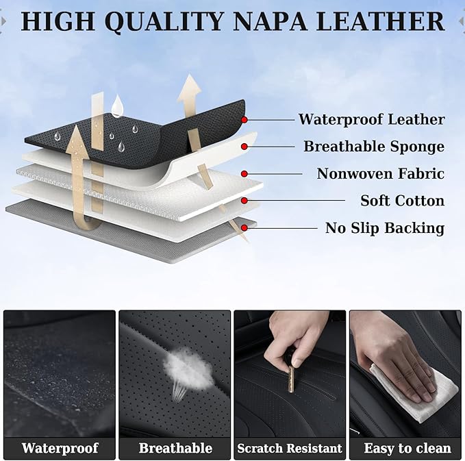 Coverado Car Seat Covers Front Seat, Breathable Nappa Leather Seat Cover, Black Seat Cover for Cars, Luxury Waterproof Car Seat Protector, Front Seat Cushion Universal Fit for Most Vehicles