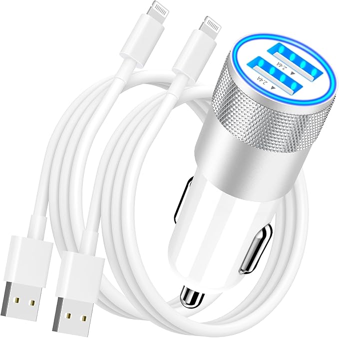 【MFi Certified】iPhone Car Charger Fast Charging, Rombica 4.8A Dual USB Smart Power Cigarette Lighter USB Car Charger with 2Pack Lightning Cable for iPhone 14 13 12 11 Pro XS Max XR SE X 8 iPad AirPods