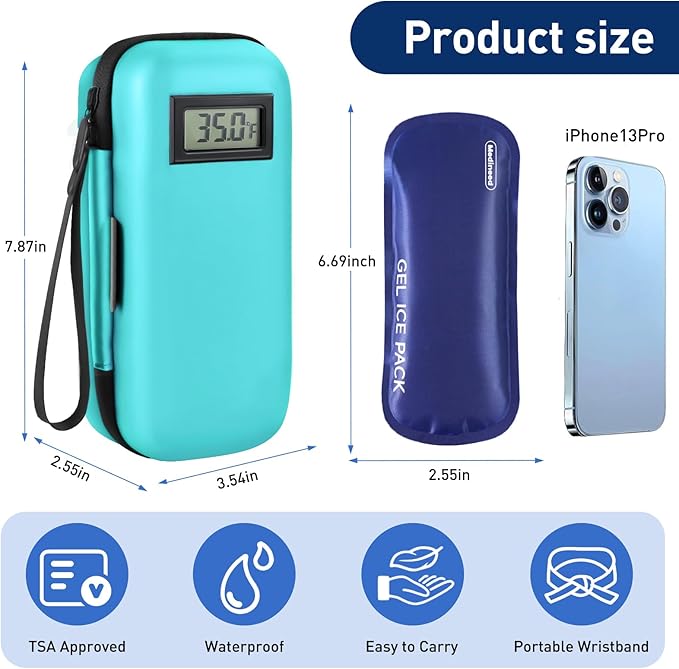 Insulin Cooler Travel Case, Portable Temperature Display Medicine Travel Cooler, Diabetes Case with 2 Reusable Ice Packs TSA Approved for Diabetic Supplies Patent Pending(Seafoam)