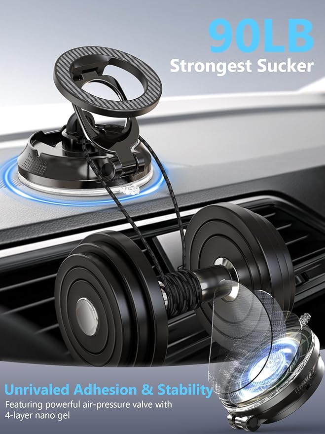 Magnetic Phone Holder for Car [90+LB Strongest Suction&3000gf Strongest Magnetic] 360° Adjustable Vacuum Phone Holders for Your Car, Magsafe Car Mount for iPhone (Black)