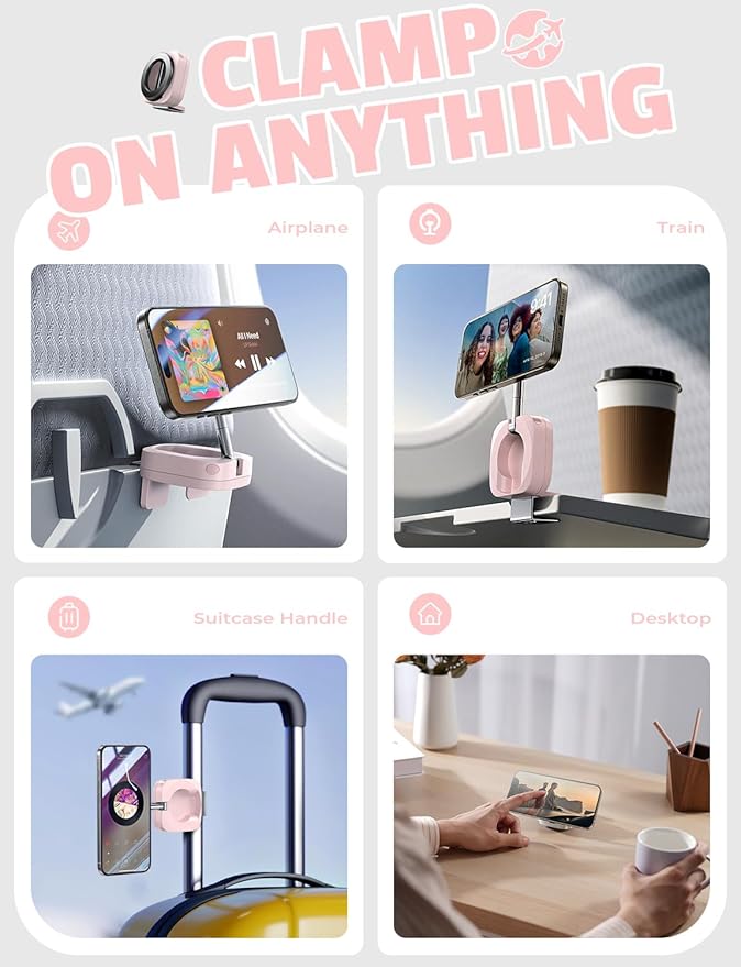 LISEN Airplane Travel Essentials for Women Men Phone Holder for Desk MagSafe Phone Travel Size Accessories Airplane Gadgets Office Desk Decor Accessories for Women Pink Room Decor,Pink