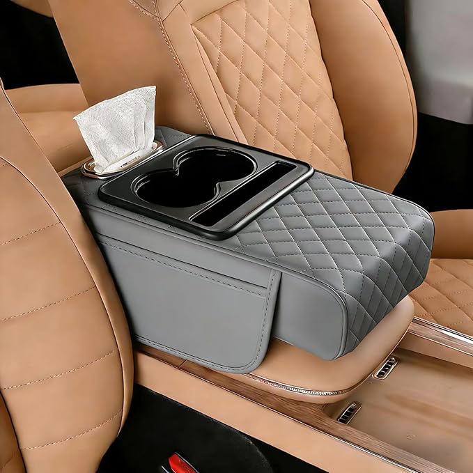 Car Armrest Cushion, Car Center Console Cover, Leather Armrest Cover for Car, Universal Middle Console Cushion with Storage Box, Cup Holder, Phone Slot, Waterproof Interior Accessories (Light gray)