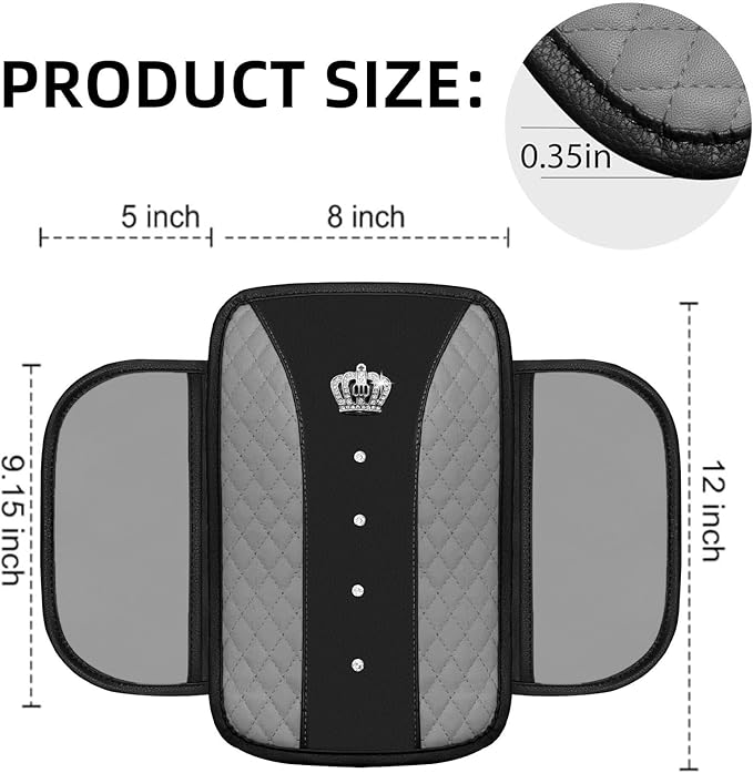 NBTEPEM Bling Crown Car Center Console Armrest Cover, Leather Middle Console Cover Cushion with 2 Storage Bags, Car Armrest Storage Box Interior Accessories for Most Vehicles(Gray)